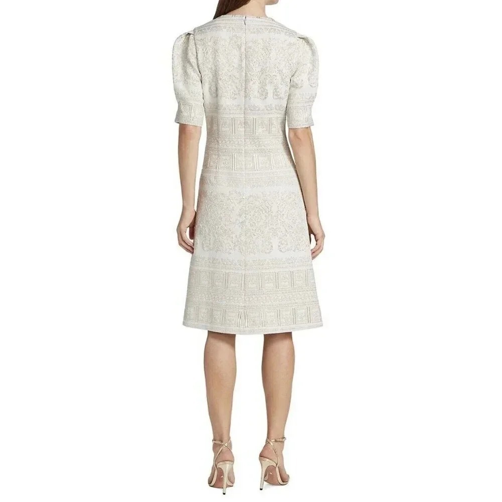 Teri Jon Rickie Freeman Midi Dress 4 Metallic Embroidered Puff Sleeve Event Gala - Picture 12 of 13
